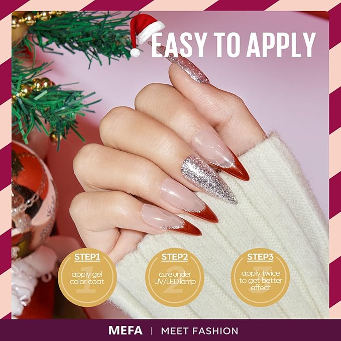 MEFA Christmas Gel Nail Polish Set, 12 Colors Pink Red Gel Polish Set Shimmering Gold Silver Glitter Nail Polish Soak Off Purple Nude White Brown Gifts for Girl DIY Salon Home Manicure