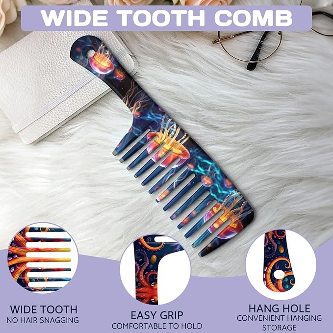 2PCS Wide Tooth Comb,Effortless Tangle Removal for Long Hair Styling Comb for Curly,Wet,Cute Aesthetic Design for Women Men and Girls(Blue-Octopus Jellyfish-18)