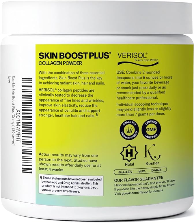 Sparkle Wellness VERISOL Bioactive Hydrolyzed Collagen Peptides | Collagen Powder Supplement with Vitamin C & Hyaluronic Acid for Hair, Skin, and Nail Health | Skin Boost Plus (Orange) [30-Serves]