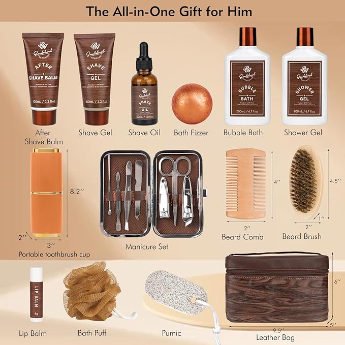 Valentines Day Gifts for Men, 21 Pcs Sandalwood Bath & Body Care Kit, Beard Gift Set for Men, Shave Beard Kit, Leather Bag, Home Spa Kit, Relaxing Men's Gift Basket, Birthday, Father's Day Gift