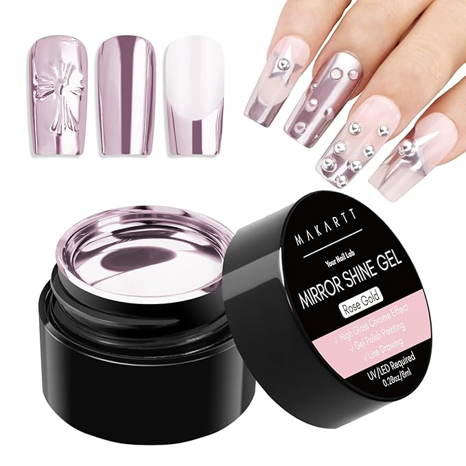Makartt Chrome Gel Nail Polish: Metallic Gel Nail Polish, 8ml Rose Gold 3D Metal Painting Gel for Nail Art Soak off UV/LED Glossy Mirror Effect Nail Glue Gel for Home Salon DIY Manicure