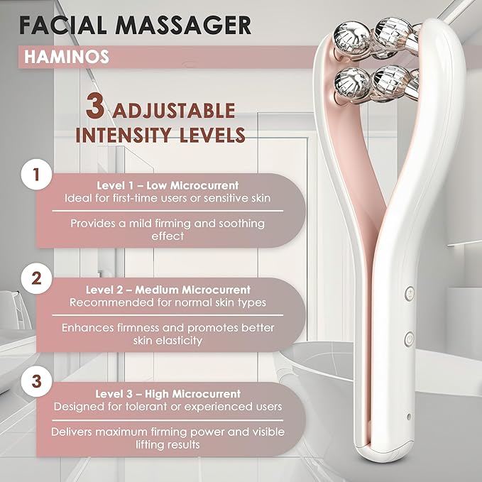 Microcurrent Facial Massager with 3D Roller, 3 Intensity Levels, USB‑C Rechargeable, Lifting & Toning Tool for Face & Neck, Gentle Contouring & Skincare Absorption
