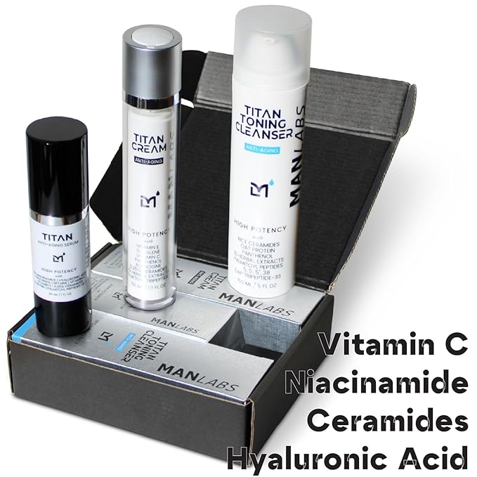 Titan Anti-Aging Mens Skin Care Kit – Cleanser, Face Serum for Men, Face Moisturizer – Skin Care for Men – Dark Spots, Wrinkles, Fine Lines – Vitamin C, Niacinamide, Ceramides, HA – Unscented