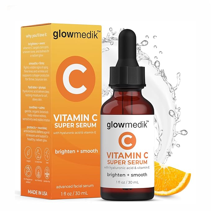 GlowMedik Vitamin C Serum for Face – Brightens Dark Spots + Evens Skin Tone with Hyaluronic Acid, Vitamin E & MSM, Hydrates & Firms for a Youthful-Looking, Age-Defying Glow, 30ml 1.01 fl oz