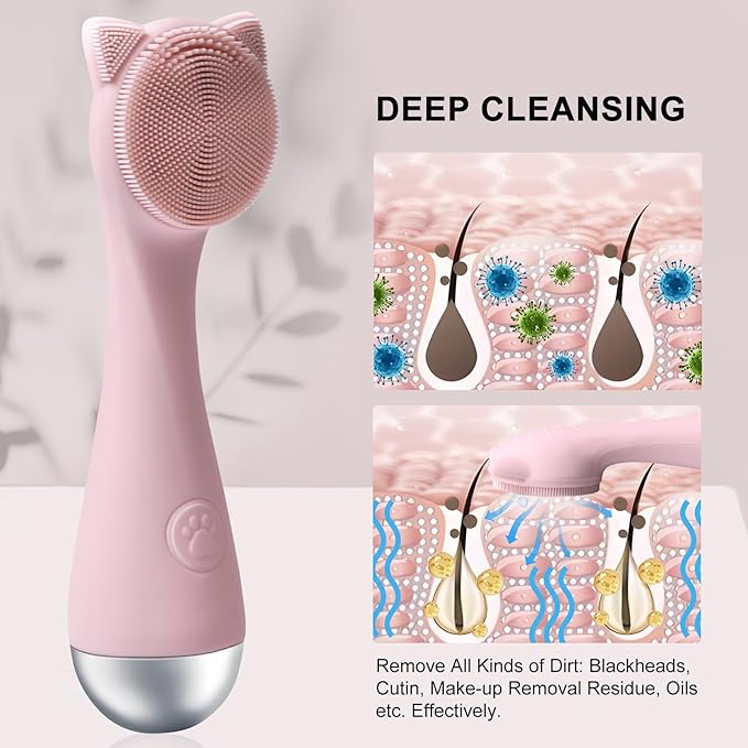 Facial Cleansing Brush, Silicone Face Scrubber Exfoliator for Men & Women, Electric Face Brush Waterproof, with 3 Speeds Adjustable for Deep Cleaning, Removing Blackhead, Facial Massaging (Pink)