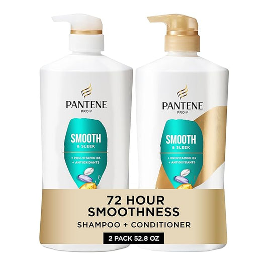 Pantene Shampoo & Conditioner Set, Smooth and Sleek - Frizz Control with Antioxidants, Nourishing for All Hair Types - Curly, Dry, Color-Treated, 52.8 Oz Total + Miracle Rescue Shot (0.5 Oz)