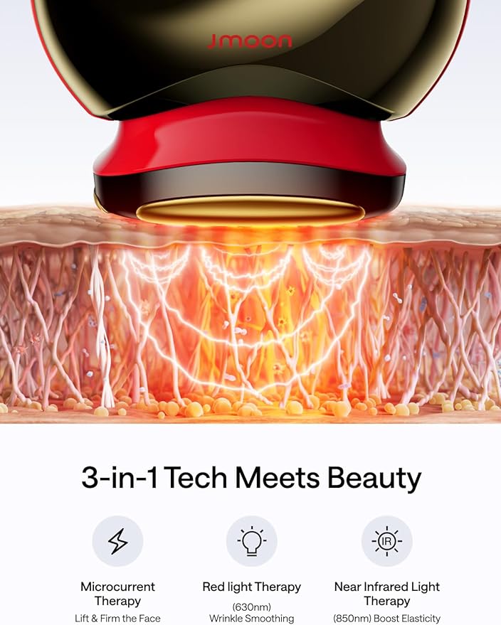 JMOON Microcurrent Facial Device, M30U Red Light Therapy for Face, Safe Anti Aging Skin Care, 4 Modes, 5 Energy Levels for Full Face Lift and Ideal for Smile Lines, Eyes, and Forehead (Red)