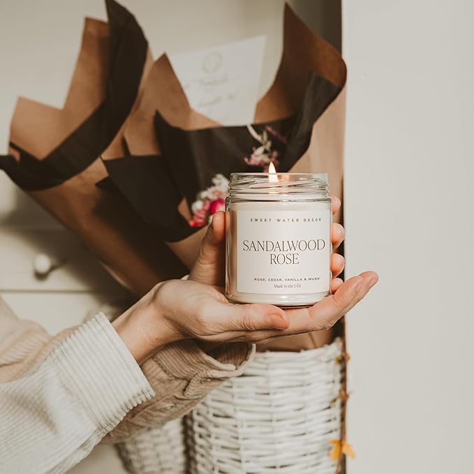 Sweet Water Decor Sandalwood Rose Candle - Green, Leafy, Winey, Rose and Guaiac Wood Scented Soy Floral Candles for Home - 9oz Clear Jar + Gold Lid, 40+ Hour Burn Time, Made in The USA