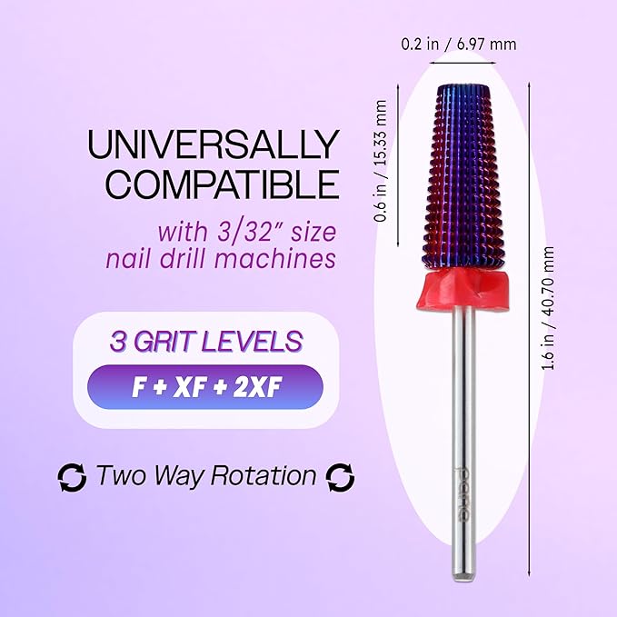 PANA 3/32" Shank 5-in-1 Nail Carbide Bit - (Triple Coarse - Fine Grit, Purple) - Two Way Rotate use for Both Left and Right Handed Fast Remove Acrylic or Hard Gel