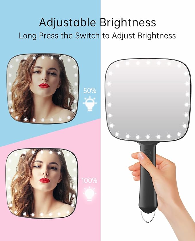 Famihomii Lighted Handheld Mirror, 6.2"x 5.9" Square Glass Frame with LED Beads, Battery Operated, Ideal for Haircut, Shaving, Makeup, and Wound Care