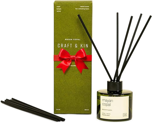 Craft & Kin Mayan Copal Christmas Reed Diffuser | All Natural Essential Oil & Rattan Scent Sticks | Winter Reed Diffusers for Home, Bathroom | Long Lasting Home Fragrance in Green Glass, 3.4oz