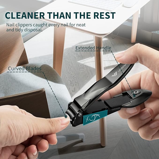 Nail Clippers with Catcher, No Splash Fingernail Toenail Clippers with Sharp Curved Blade and Glass Nail File, Wide Jaw Opening Stainless Steel Nail Cutter Trimmer for Seniors Adult Men Women