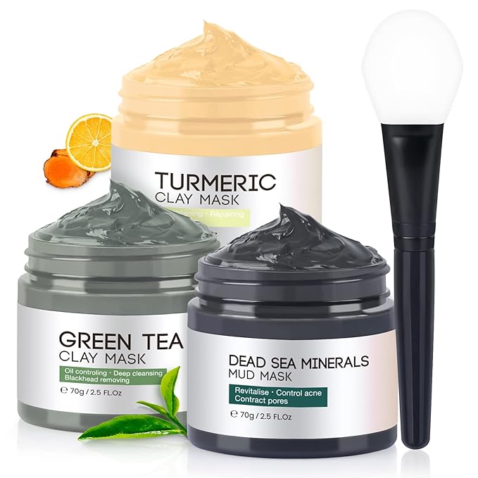3PCS Clay Face Mask Skincare - Facial Skin Care Mask for Deep Pore Cleansing Turmeric Dead Sea Mud Green Tea Purifying and Hydrating - Reduce Acne Blackheads for Women and Men 2.5 OZ each