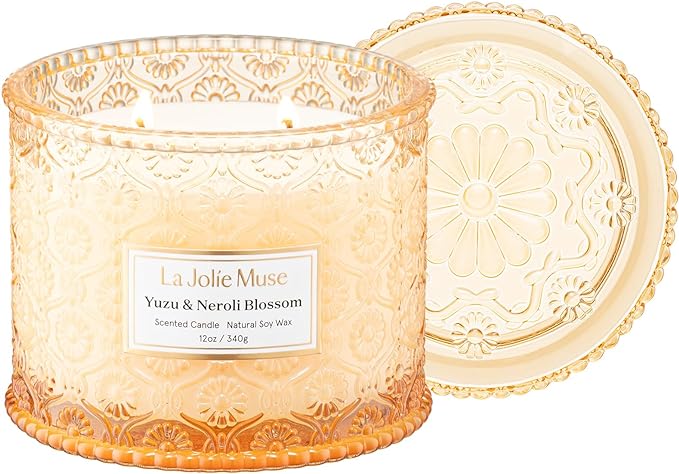 LA JOLIE MUSE Yuzu & Neroli Blossom Candle - Yuzu, Orange Blossom, Cedarwood | 12 oz Large 2-Wick Soy Wax Candle | 60 Hours Clean Burn | Citrus Scented Candle | Elegant Home Décor