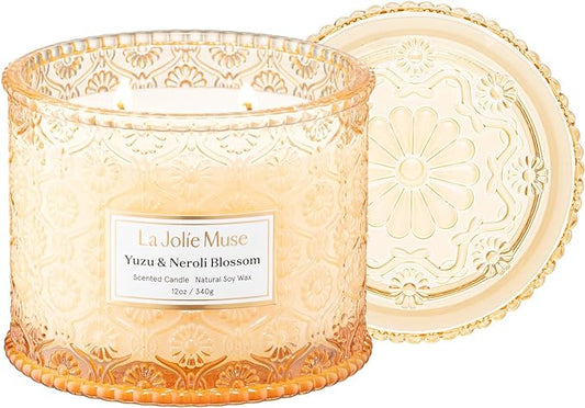 LA JOLIE MUSE Yuzu & Neroli Blossom Candle - Yuzu, Orange Blossom, Cedarwood | 12 oz Large 2-Wick Soy Wax Candle | 60 Hours Clean Burn | Citrus Scented Candle | Elegant Home Décor