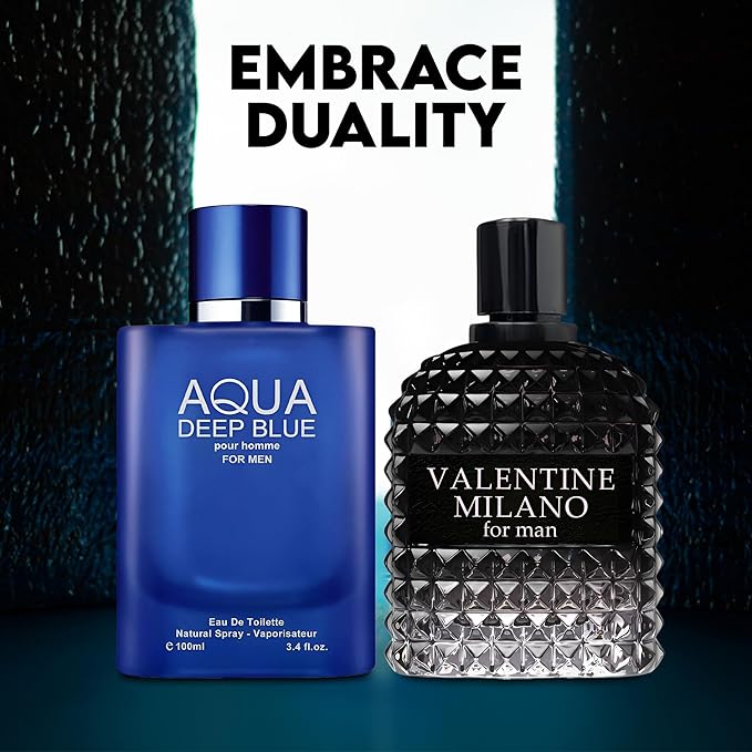Valentine Milano/Aqua Deep Blue 2PCS Eau De Toilette for Men-Fresh, Romantic Scent Perfume for Men 3.4 Fl Oz Each Mens Cologne For All Skin Daily Used