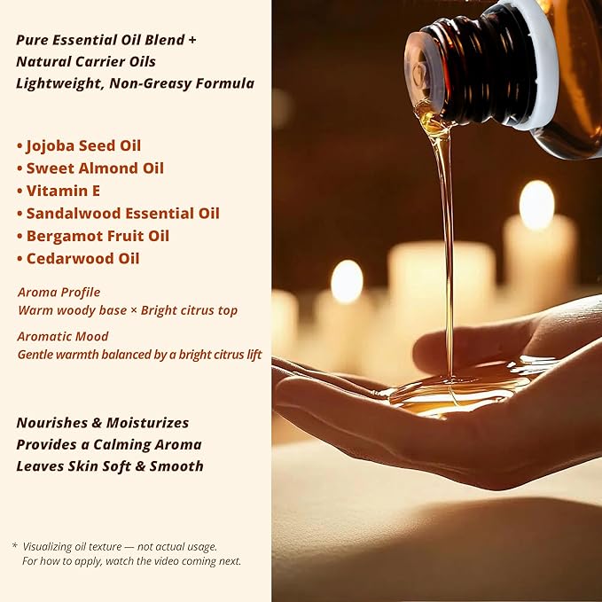 Botanical Aromatherapy Oil for Face & Body Massage – Lightweight Hydration & Nourishing Care, Plant-Based Formula with Woody-Citrus Aroma (Sandalwood & Bergamot), 30 ml / 1.0 fl oz