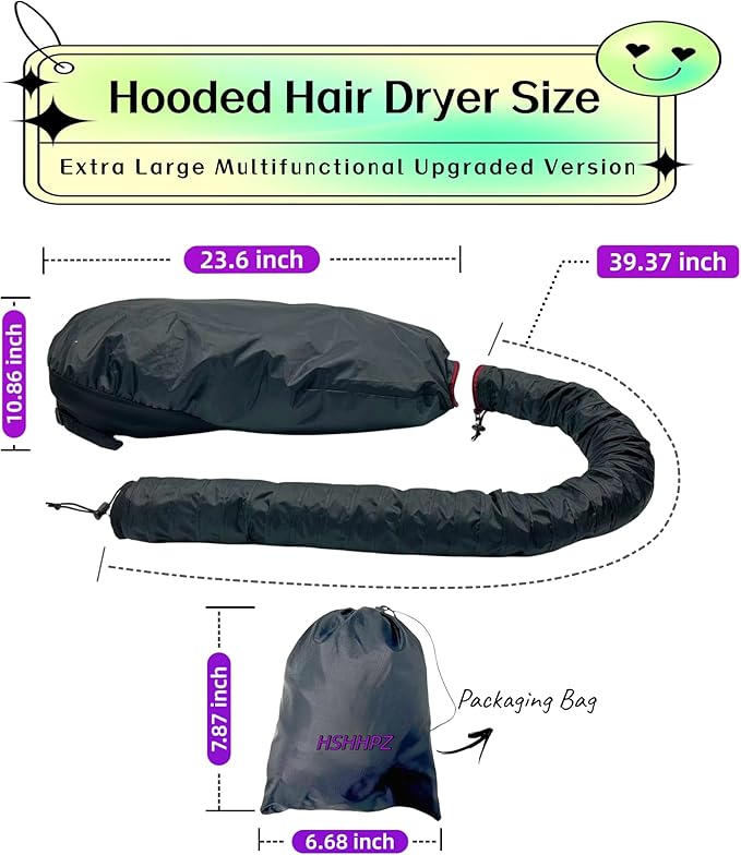 Hooded Hair Dryer for Curly Hair, Large Adjustable Blow Dryer Cap, Portable Hair Dryer Bonnet Attachment, Soft Diffuser for Fast Drying & Deep Conditioning, Headband Integrated Design (Black)