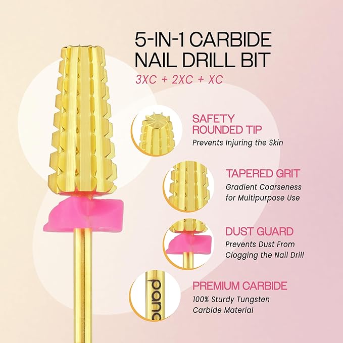 PANA 3/32" Shank 5-in-1 Nail Carbide Bit - (Triple Coarse - 3X Coarse Grit, Gold) - Two Way Rotate use for Both Left and Right Handed Fast remove Acrylic or Hard Gel Machine