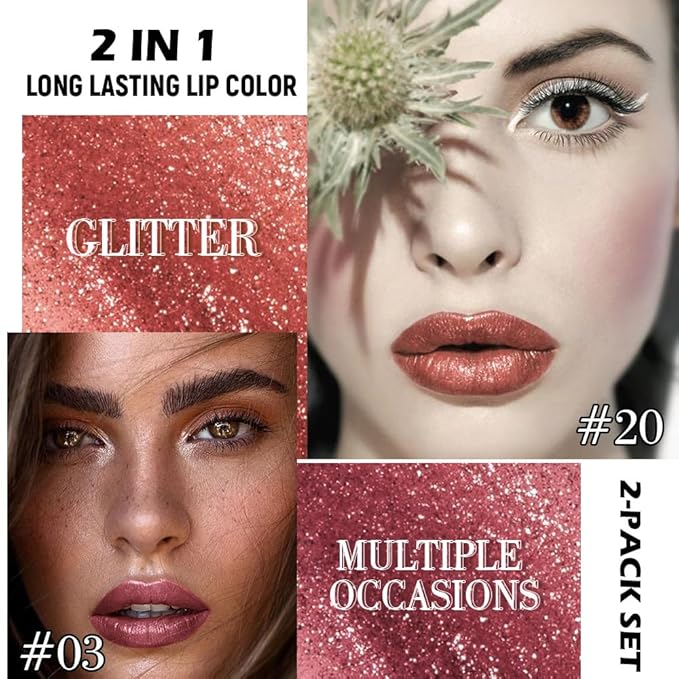 evpct 2Pcs Plum Red Brown Metallic Glitter Lip Liner and Lipstick Combo, Shimmery Lip Gloss Stain Set Makeup for Women Long Lasting Waterproof 24, Metallic Shimmer Iridescent Glossy Liquid Lipstick