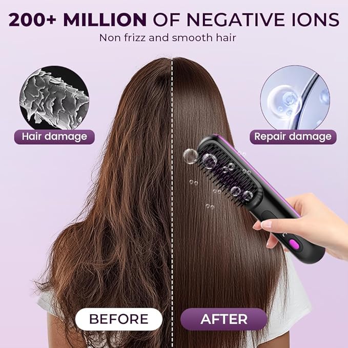 Go Brush Pro, 2026 Upgraded Cordless Hair Straightener Brush, Fast Heating Portable Hair Straightener Comb for Women Travel Essentials 3 Adjustable Temperature (Pink)