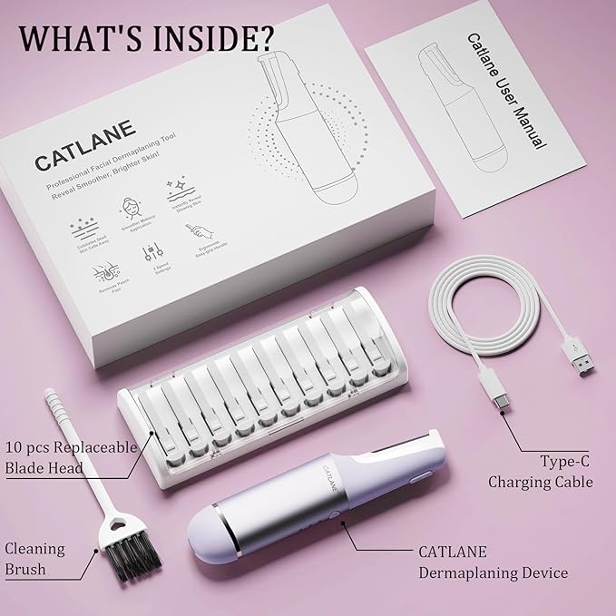 Dermaplane Razor for Women Face, Dermaplaning Tool for Face, Sonic Smooth Exfoliation & Peach Fuzz-Hair Removal System with 10 Dermaplaning Blades, Twilight Purple