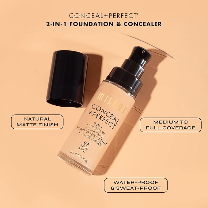 Milani Conceal + Perfect 2-in-1 Foundation + Concealer for a Flawless Complexion, Under Eye Corrector, Cover Redness and Imperfections, Waterproof and Sweatproof - Deep Beige