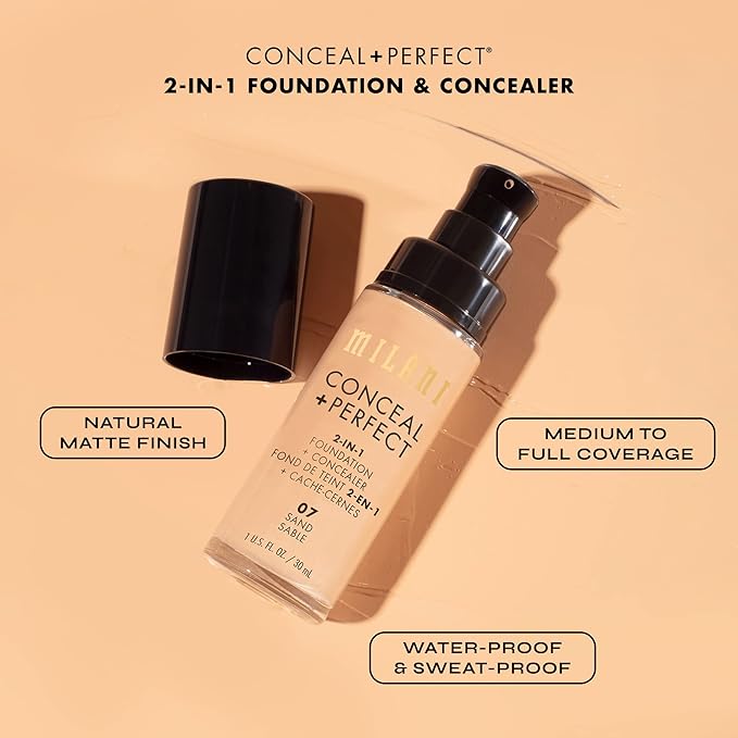 Milani Conceal + Perfect 2-in-1 Foundation + Concealer - Cream (1 Fl. Oz.) Liquid Foundation - Cover Under-Eye Circles, Blemishes & Skin Discoloration for a Flawless Complexion