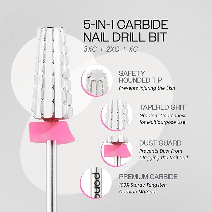 PANA 3/32" Shank 5-in-1 Nail Carbide Bit - (Triple Coarse - 3X Coarse Grit, Silver) - Two Way Rotate use for Both Left and Right Handed Fast remove Acrylic or Hard Gel Machine
