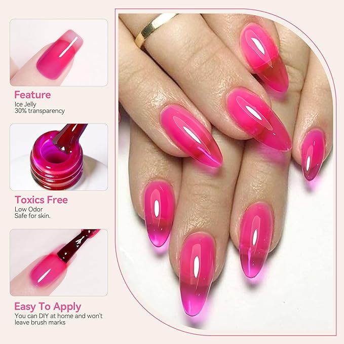 Born Pretty Christmas Jelly Gel Nail Polish Neon Spring Summer Gel Polish,Hot Pink Red Purple Blue Green 6Colors Translucent Effect,Soak Off U v LED Light Cure Nail Art Kit Salon Manicure DIY at Home