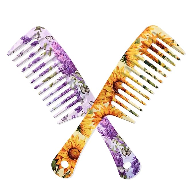 2PCS Wide Tooth Comb,Effortless Tangle Removal for Long Hair Styling Comb for Curly,Wet,Cute Aesthetic Design for Women Men and Girls(Yellow-Flower-12)