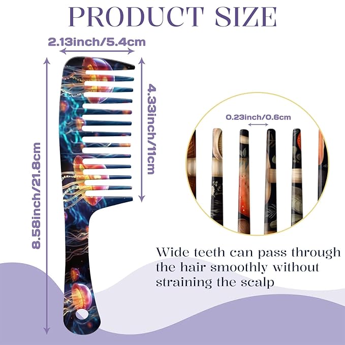 2PCS Wide Tooth Comb,Effortless Tangle Removal for Long Hair Styling Comb for Curly,Wet,Cute Aesthetic Design for Women Men and Girls(Blue-Jellyfish Mushroom-17)