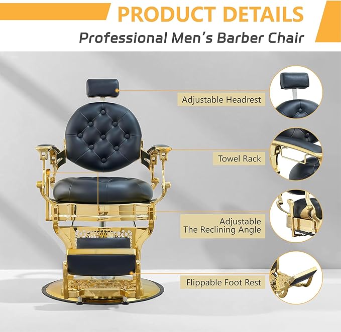 Heavy Duty Barber Chair 700LBS Capacity, Reclining 93°-160° Hydraulic Swivel Salon Chair with Adjustable Headrest & Flip Footrest, Ergonomic Faux Leather for Salon,Tattoo,Spa（Noble Gold）