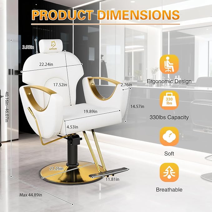 Hydraulic Barber Chair, Salon Chairs 360 Degrees Rolling Swivel Hair Styling Chair, Adjustable Height Hair Stylist Tattoo Salon Beauty Spa Chair Styling Equipment - White