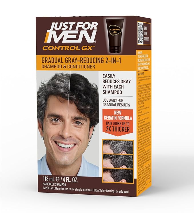 Just for Men Control GX Grey Reducing 2-in-1 Shampoo and Conditioner, Gradual Hair Color with Keratin for Stronger Thicker and Healthier Looking Hair, 4 Fl Oz - Pack of 1 (Packaging May Vary)
