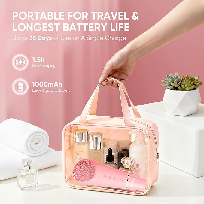 Silicone Face Scrubber Blackhead Scraper Rechargeable 2-in-1 Facial Cleansing Brush & Skin Spatula Duo, IPX7 Waterproof Exfoliating Massager Deep Cleansing for Women and Men（Peachy Pink）