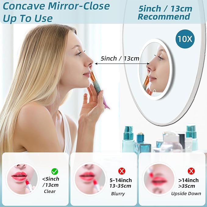 Magnifying Mirror with Light 10x, Large 6'' Lighted Suction Magnified Mirror, 3 Color Modes Dimming High Magnification Travel Makeup Mirror, Rechargeable Battery, with Tweezers & Scissors