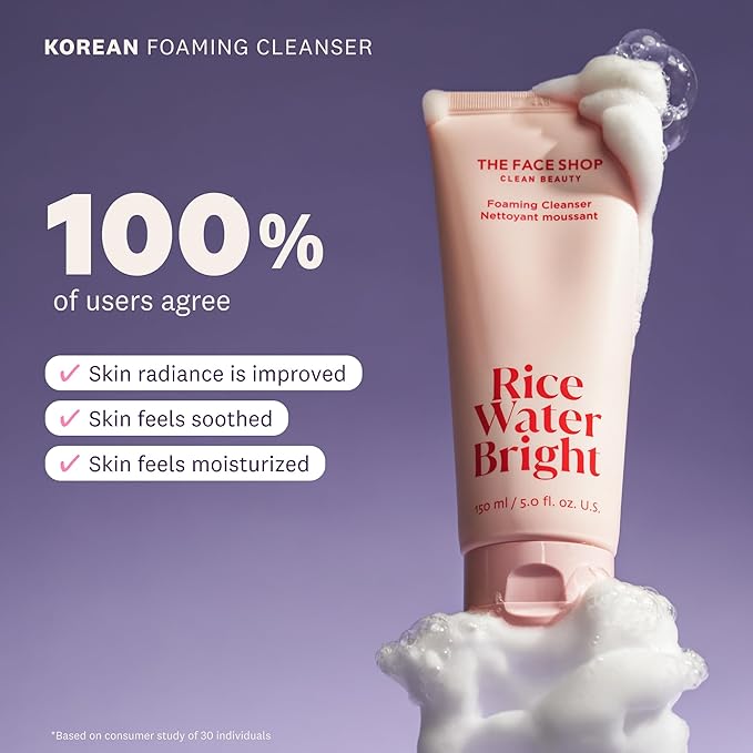The Face Shop Rice Water Bright Foaming Facial Cleanser with Ceramide, Gentle Face Wash for Hydrating & Moisturizing, Vegan Face Cleanser, Makeup Remover, Korean Skin Care for All Skin Types, 150ml