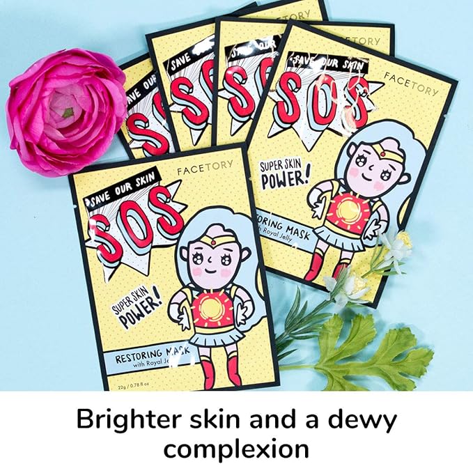 FACETORY K Beauty Face Mask Skin Care - SOS SAVE OUR SKIN RESTORING Sheet Mask with Royal Jelly & Aloe | De-Stress, Dewy Skin (10 Pack)
