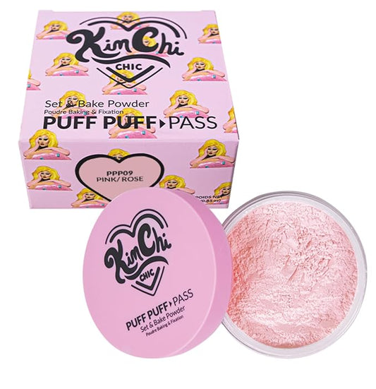 KimChiChic Beauty Puff Puff Pass Set and Bake Setting Powder for Makeup, Extra Fluffy Loose Face Powder Poof, Soft Natural Face Makeup for Uneven Skin Tone, 09 Pink