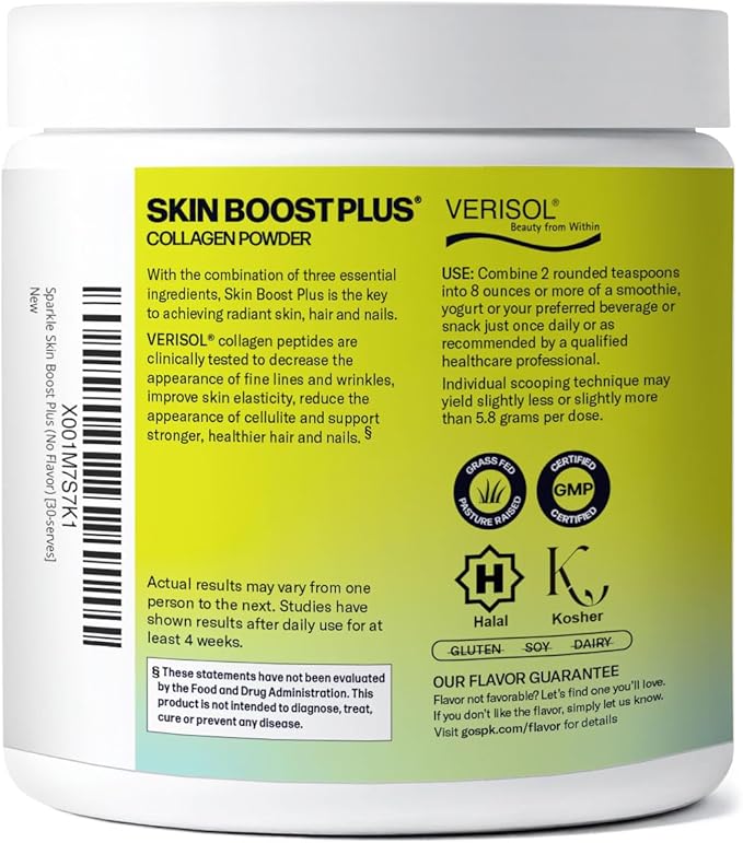 Sparkle Wellness VERISOL Bioactive Hydrolyzed Collagen Peptides | Collagen Powder Supplement with Vitamin C & Hyaluronic Acid for Hair, Skin, and Nail Health | Skin Boost Plus (No Flavor) [30-Serves]