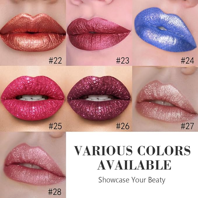 evpct Rose Red Metallic Glitter Lip Liner and Lipstick Combo Lip Gloss Stain Set Makeup for Women Long Lasting Waterproof 24, Non Stick Cup Metal Shine Shimmer Iridescent Liquid Lipstick 25