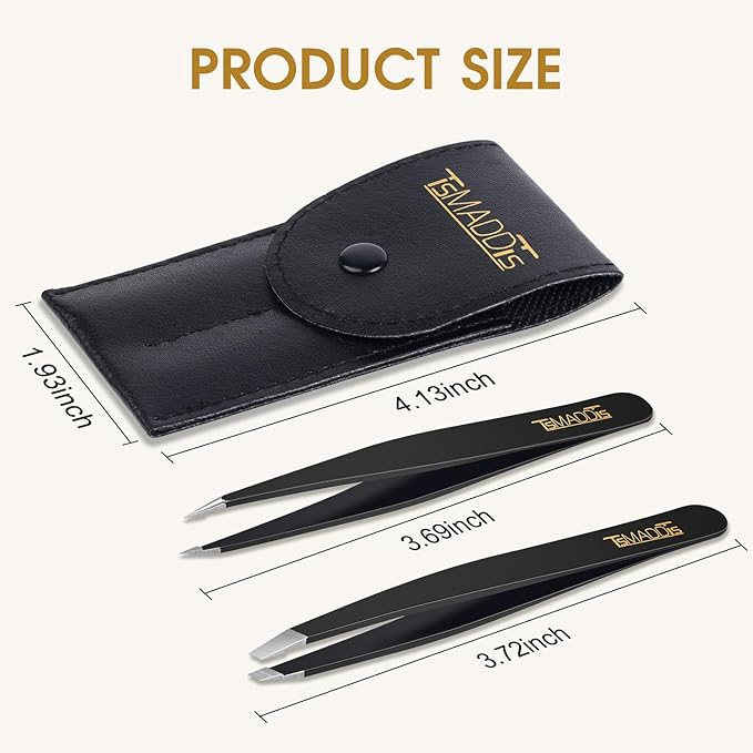 TsMADDTs Slant and Point Tip Tweezers for Women and Men, 2-Pack Professional Stainless Steel Precision Tweezers for Eyebrows, Facial Hair, Ingrown Hair Removal
