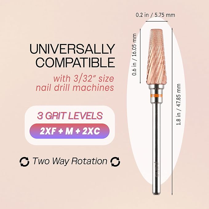 PANA 5-in-1 Pro Upgraded Multi-Function Drill Bit 3/32" Shank Size - (Rose Gold, 2X Coarse to 2X Fine) - Mix Size Tungsten Drill Bit Fast Remove Acrylic Hard Gel Nail for Manicure Pedicure