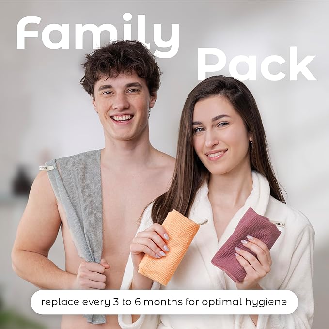 MainBasics Exfoliating Shower Towel - Japanese Nylon Bath Towel and Body Washcloth, Quick-Dry, Durable, Deep Exfoliation (Set of 3, Coral Reef)