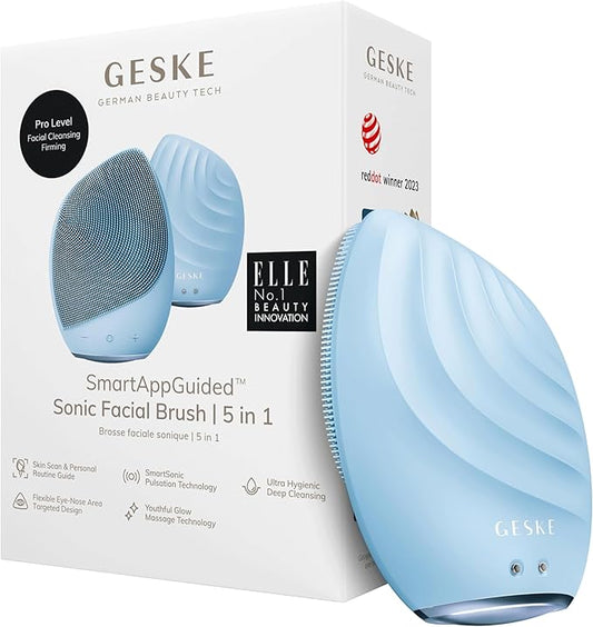 GESKE SmartAppGuided™ Sonic Facial Brush 5 in 1 | Vibrating Electric Facial Cleansing Brush | Soft Silicone Brush | Professional Facial Cleanser | Skin Cleanser & Exfoliator | Face Massager