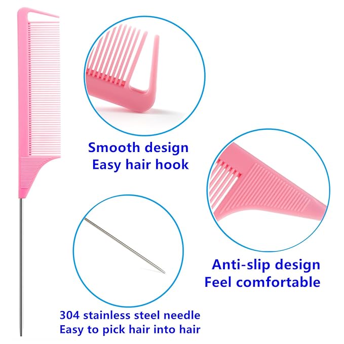 9pcs Topsy Hair Tail Tool and rat tail comb set,6pcs French Braiding Tool ring,3Pcs Metal Parting Combs,Woman Girl Hair Styling (Pink,Purple, Black)