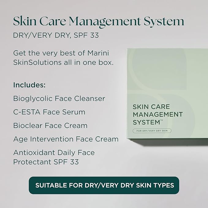 Marini SkinSolutions Skin Care Management System, Dry to Very Dry Skin with Antioxidant Daily Face Protectant SPF 33 - Cruelty Free - Made in The USA