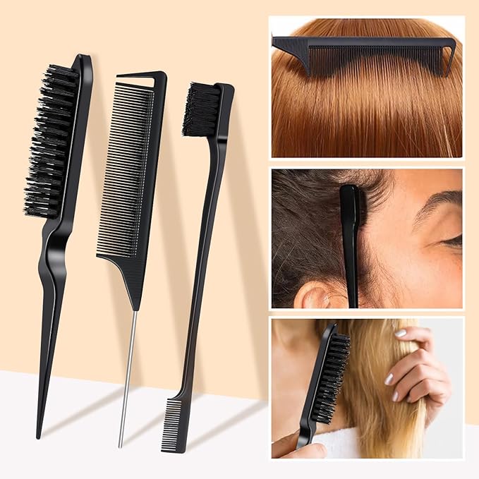 Hair Wax Stick, Slick Back Styling Set for Puffs and Wigs - 4 Combs: Edge Brush, Rat Tail for Separation, Loose Hair Brush, Non-Greasy Finish for Styling