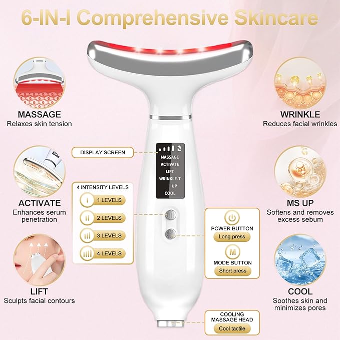 Neck Face Massager, 4 Color LED Facial Massager with Micro-Current Vibration Facial Cold and Hot Service for Wrinkles, Double Chin, Multifunctional Facial Light Therapy Device for Skin Care at Home